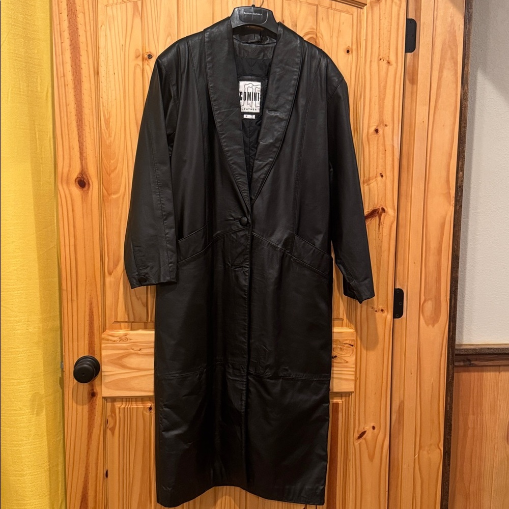 COMINT Long Black Leather Jacket, Size M